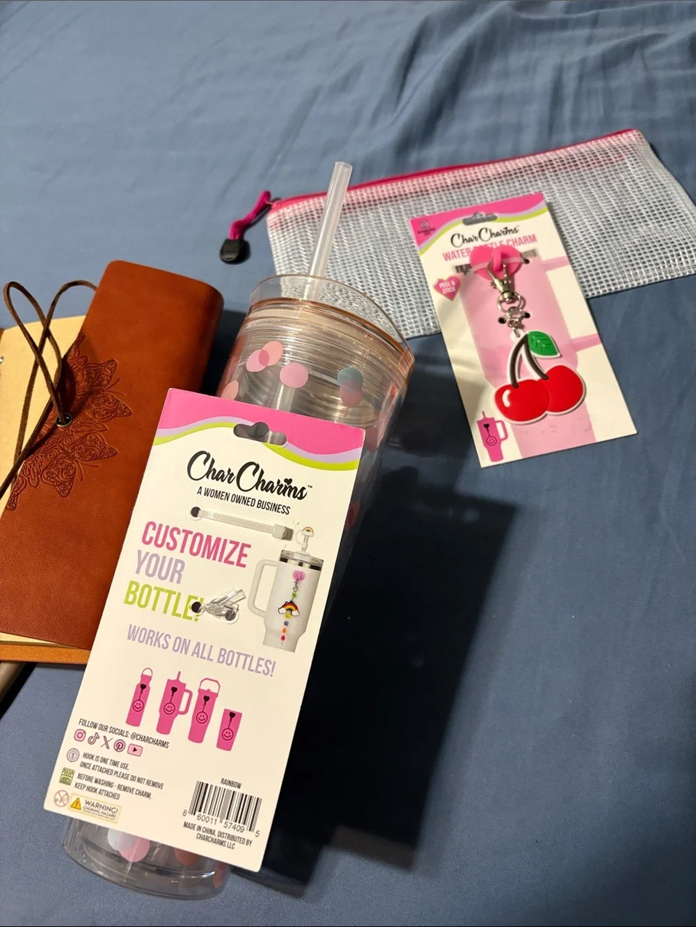 Reusable Pink Polka Dot Travel Tumbler with charms to decorate cup, journal